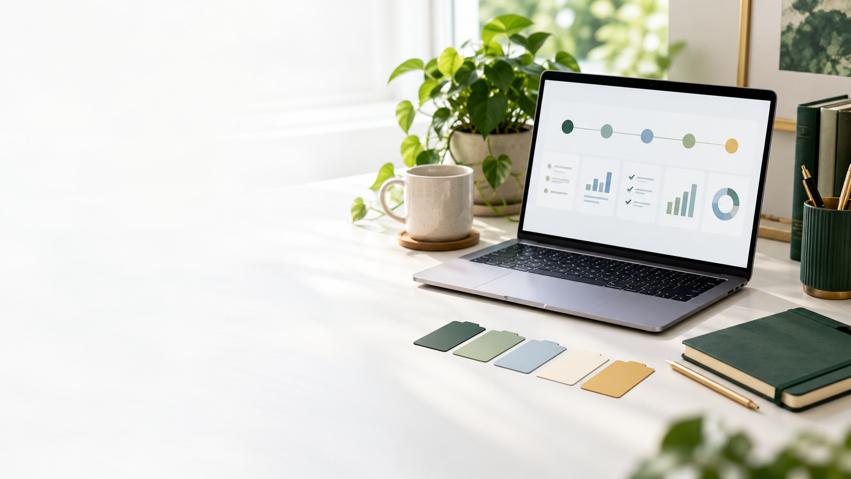 An organized five-step course workflow on a laptop and desk