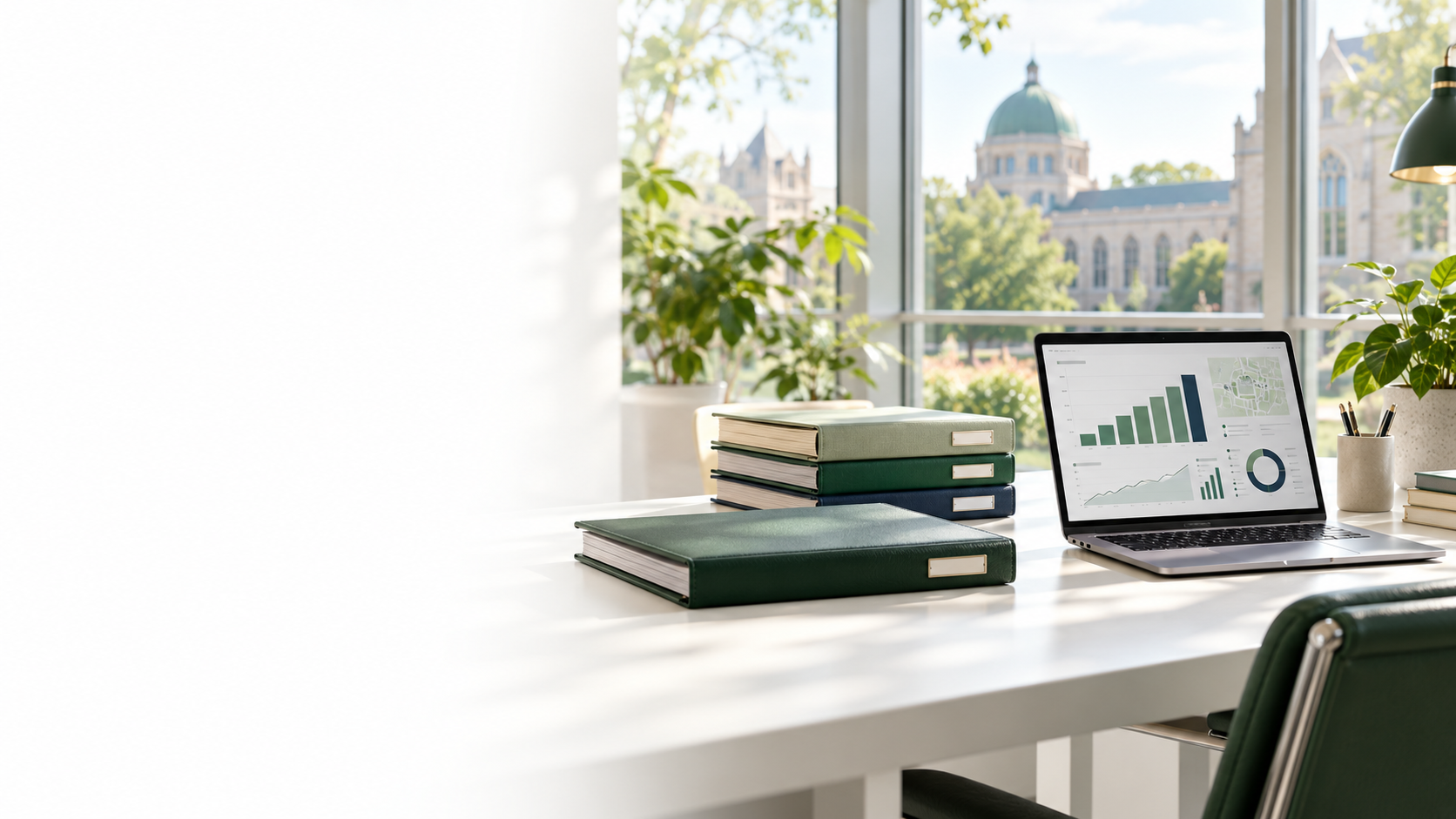 University planning materials and institutional analytics in an academic office